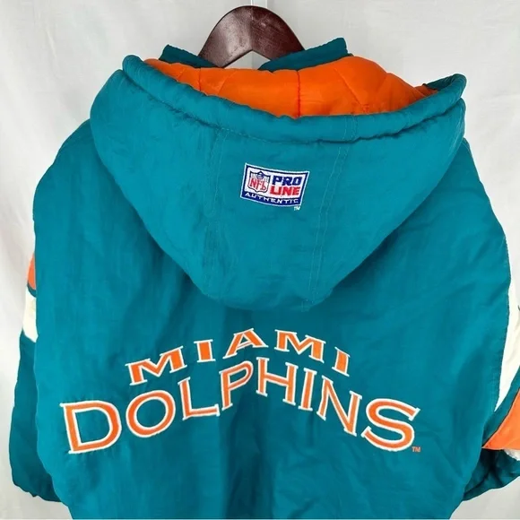 Vintage 90s Authentic Pro Line Miami Dolphins Logo Athletic Puffer Jacket Sz L - Picture 7 of 10